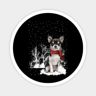 Christmas Chihuahua With Scarf In Winter Forest Magnet